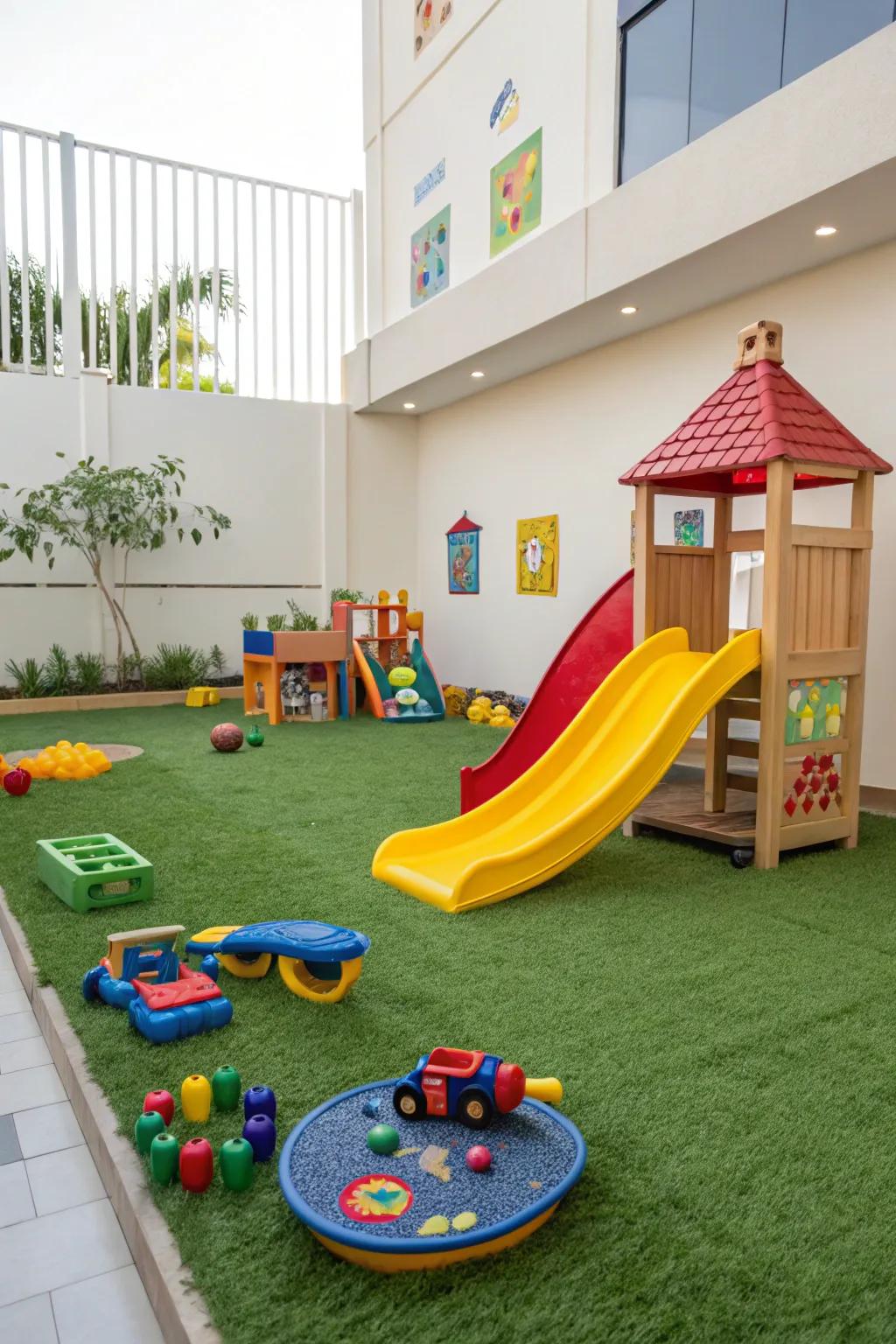 A kid-friendly play zone with soft artificial grass.