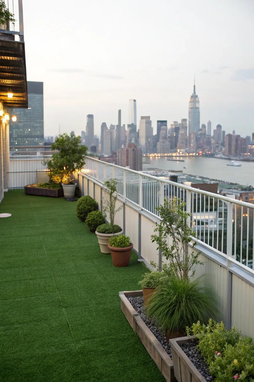 Boost your urban lifestyle with a rooftop green space using imitation grass.