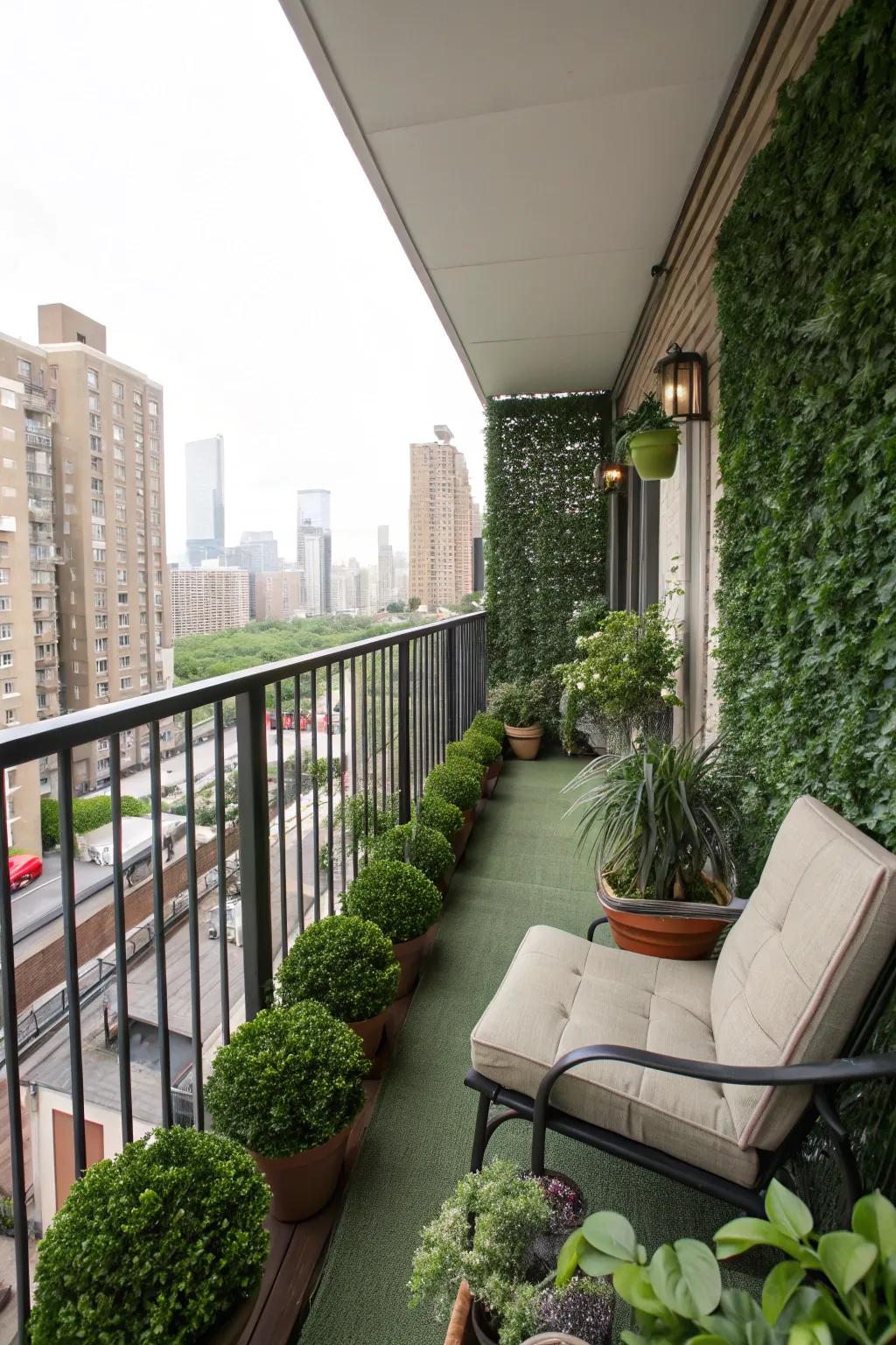 Transform your balcony into a secluded retreat with lush artificial hedges.
