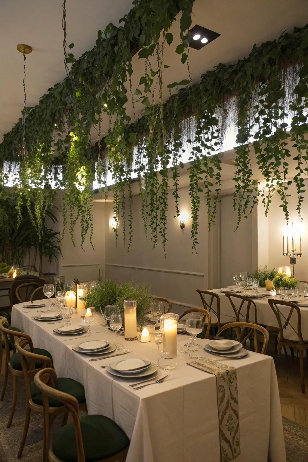 Cascading leaves from the ceiling create an immersive dining experience.