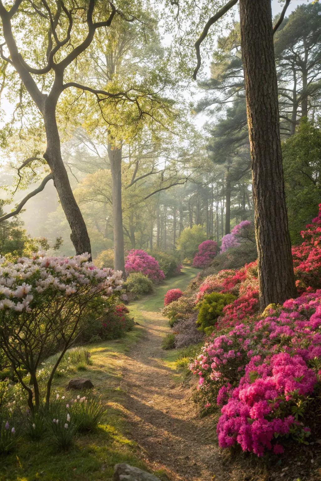A serene woodland garden with azaleas and dappled sunlight.