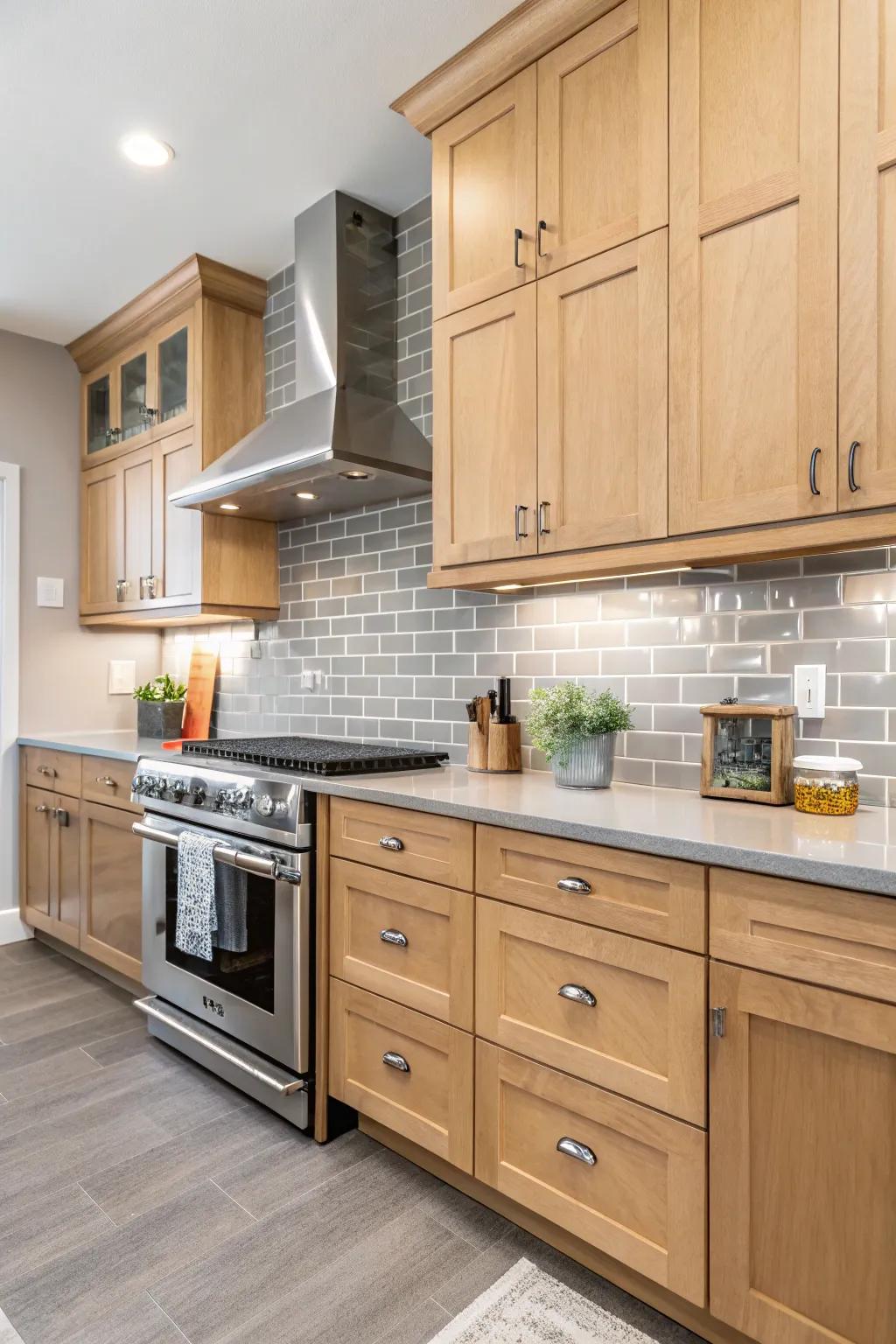 Gentle gray tiles craft a sophisticated setting for maple cabinets.
