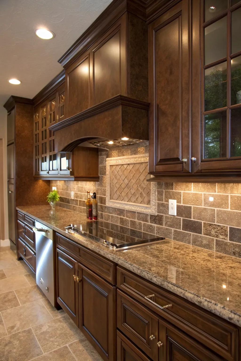 Cocoa earthy panels highlight the inviting warmth in fantasy brown granite, creating a comforting kitchen space.