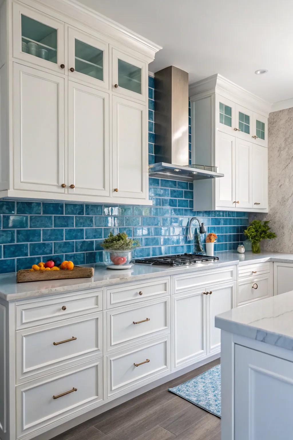 Vibrant azure tiles provide a refreshing touch of vibrancy.