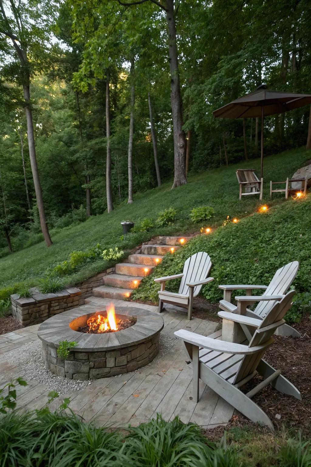 A hillside seating nook can easily become your favorite outdoor getaway.