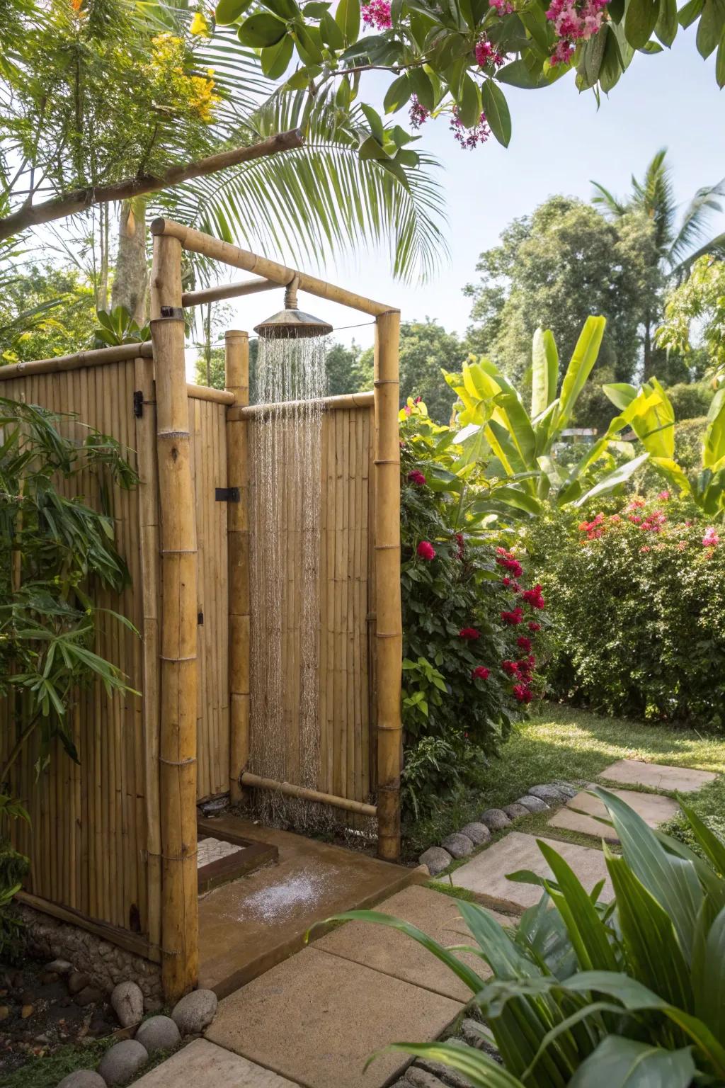 An exotic paradise outdoor shower boasting cane walls and plentiful greenery.