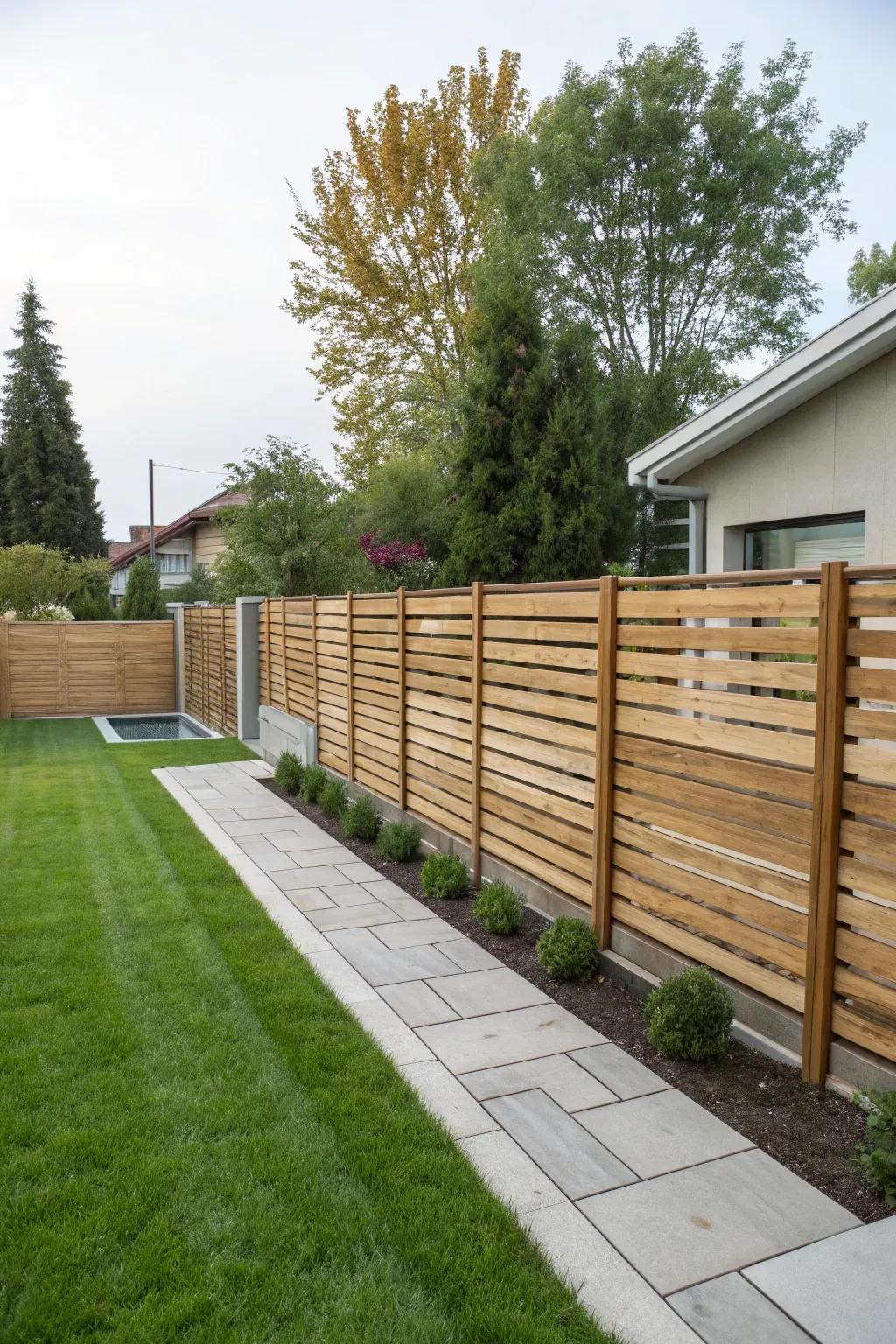 A chic timber fence featuring horizontal slats for a stylish veil of privacy.