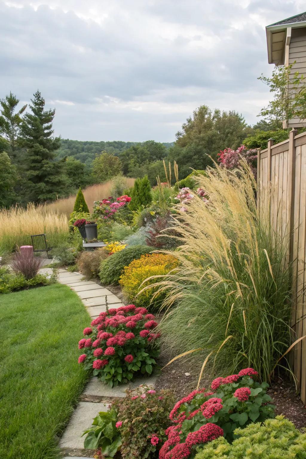 Tiered plantings bring both dimension and seclusion to this outdoor area.