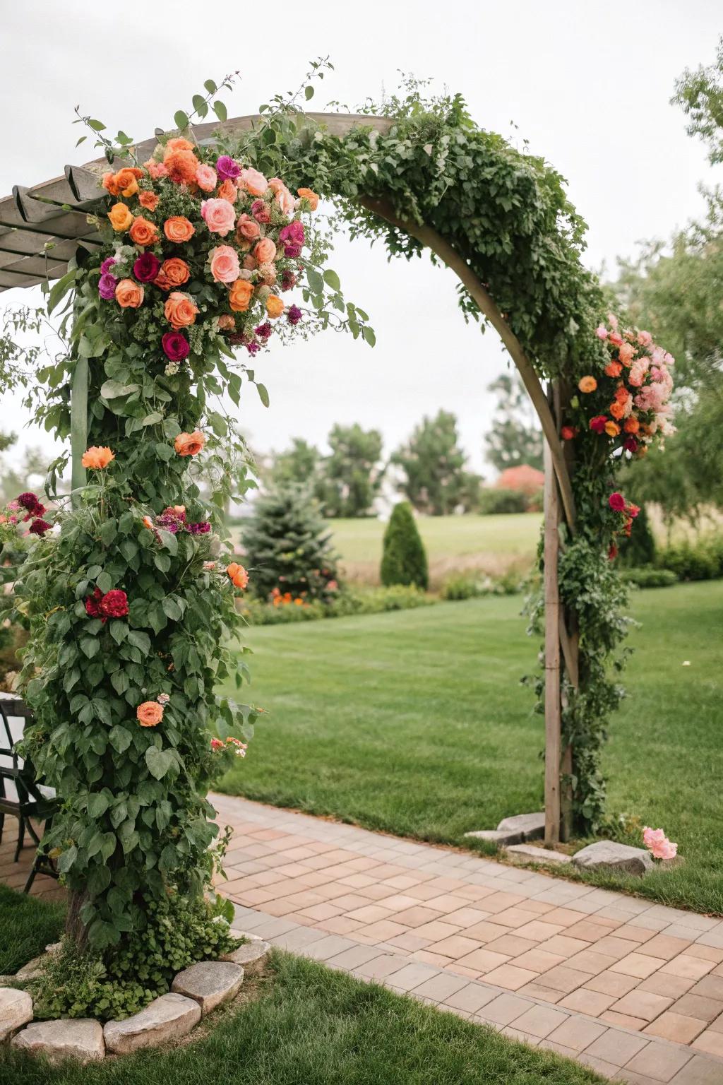A stunning floral archway in a backyard, perfect for popping the question.