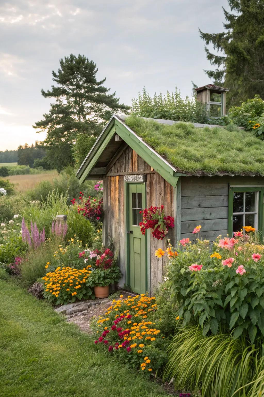 A shed with a green roof creating a natural, eco-friendly aesthetic.