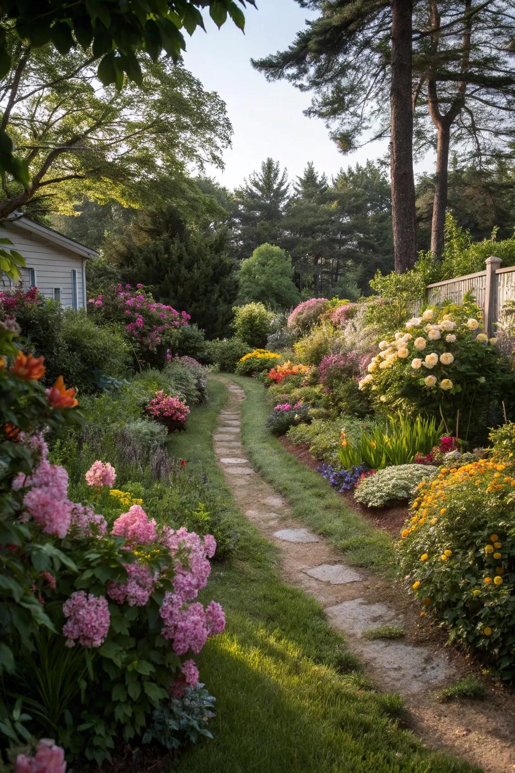A vibrant backyard trail bordered by colorful flowers and lush greenery.