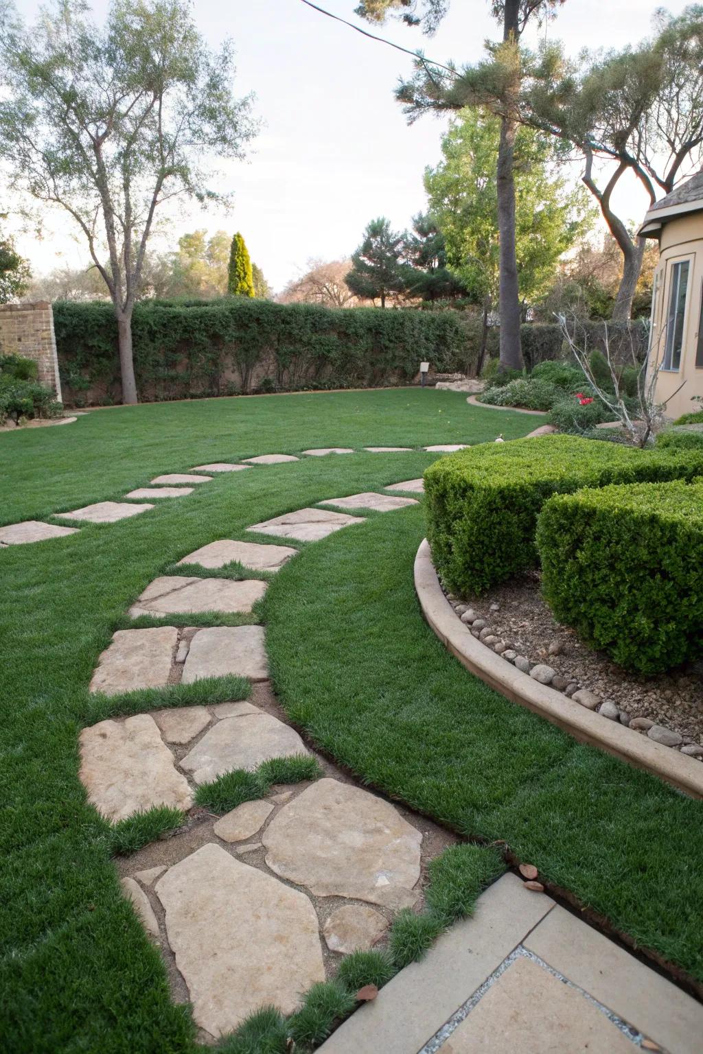 Elegant flagstone paths winding through artificial grass.