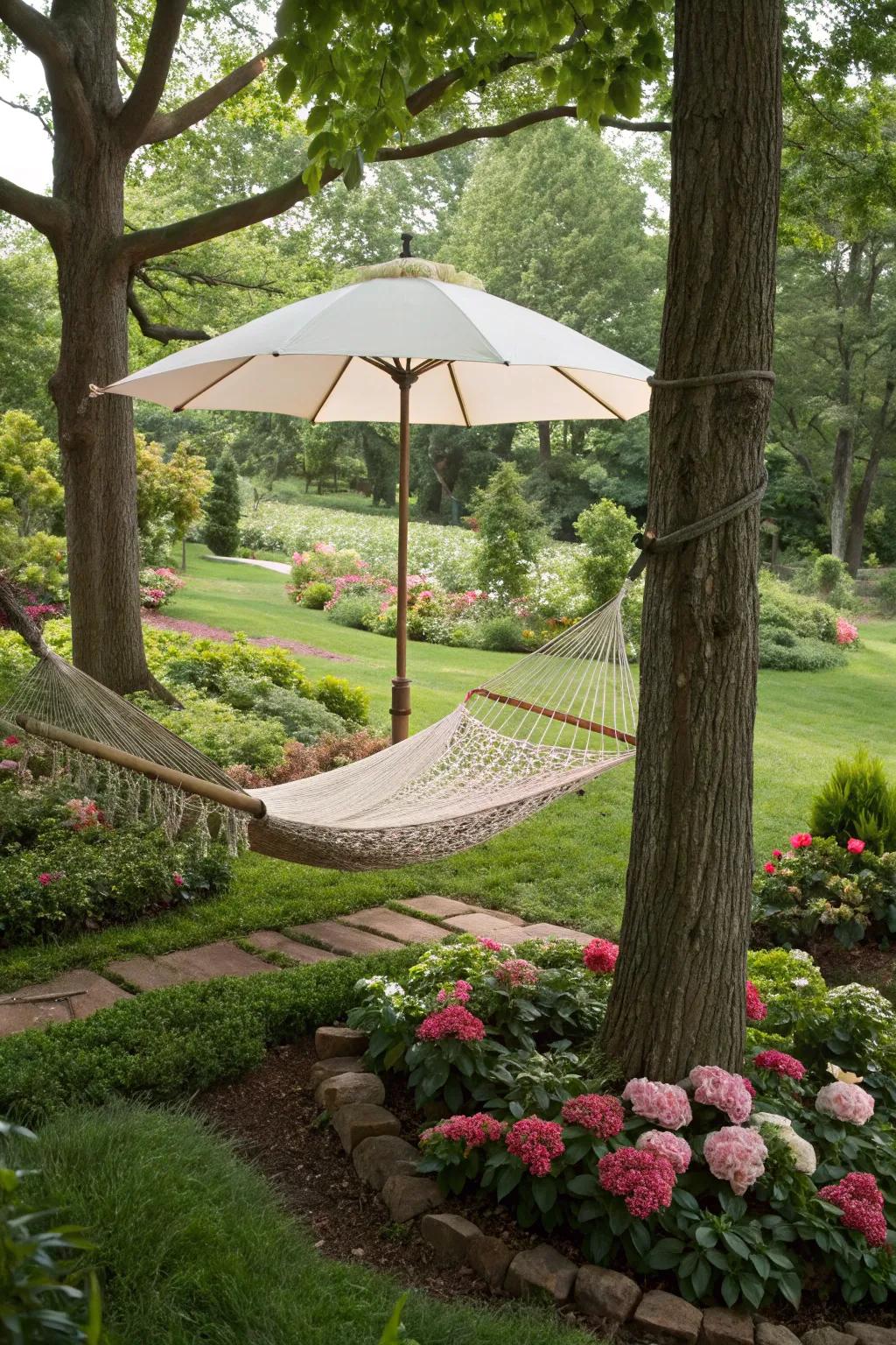 A cozy hammock shaded by a double-sided umbrella.