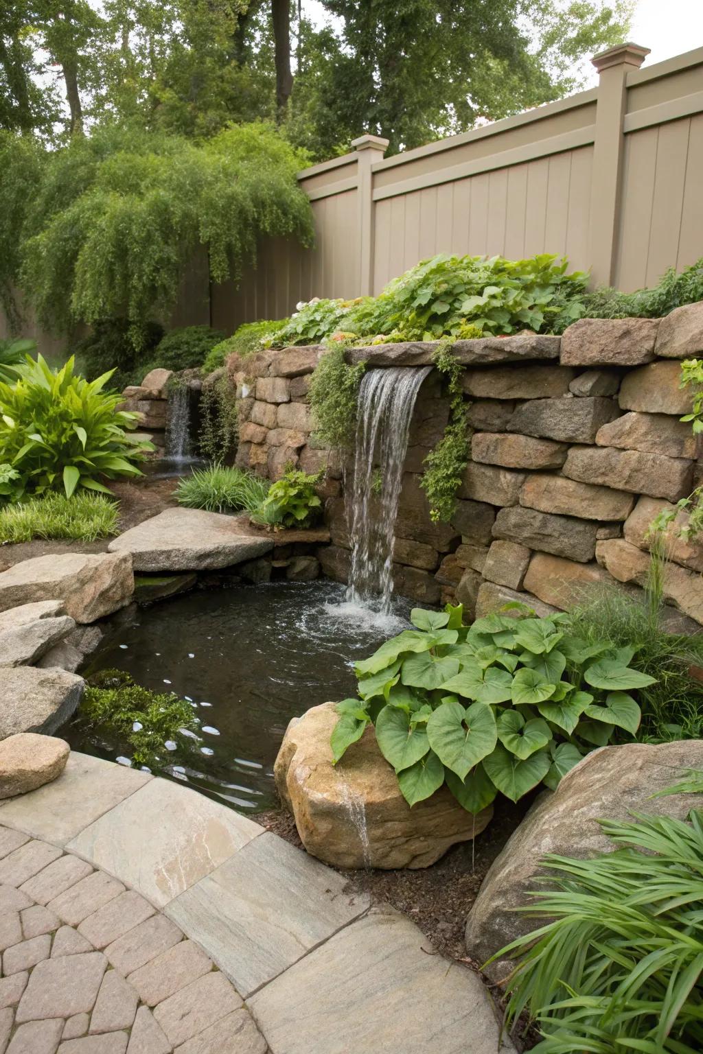 A backyard cascade introduces a sense of calm and allure.