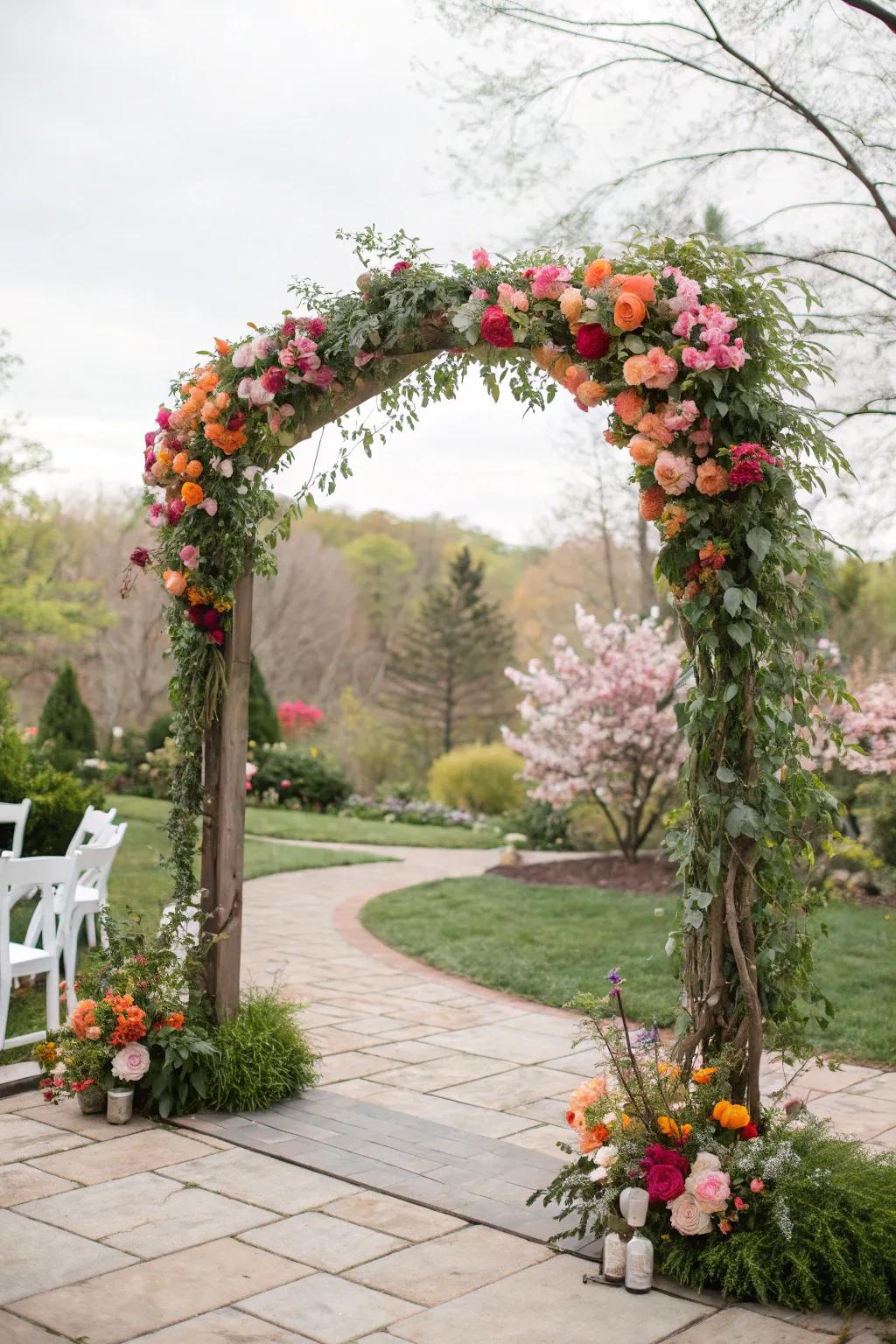 A sophisticated botanical archway provides a beautiful focal point for the wedding event.