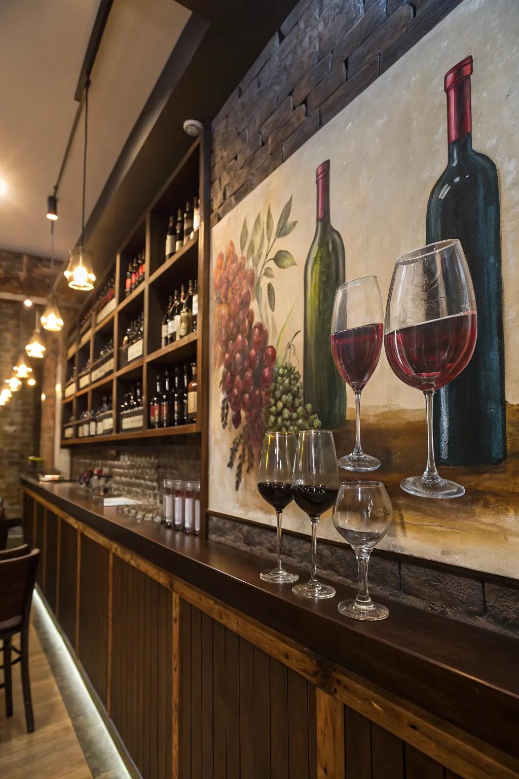 Wine and glass artwork perfectly embodies the soul of a bar.