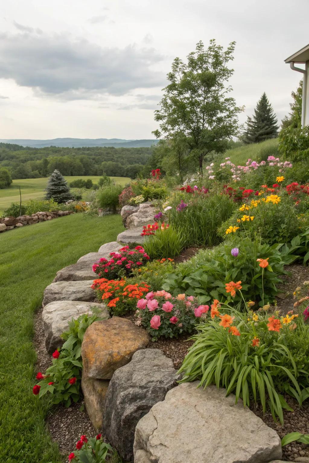 Rock borders give definition and structure to garden edges.