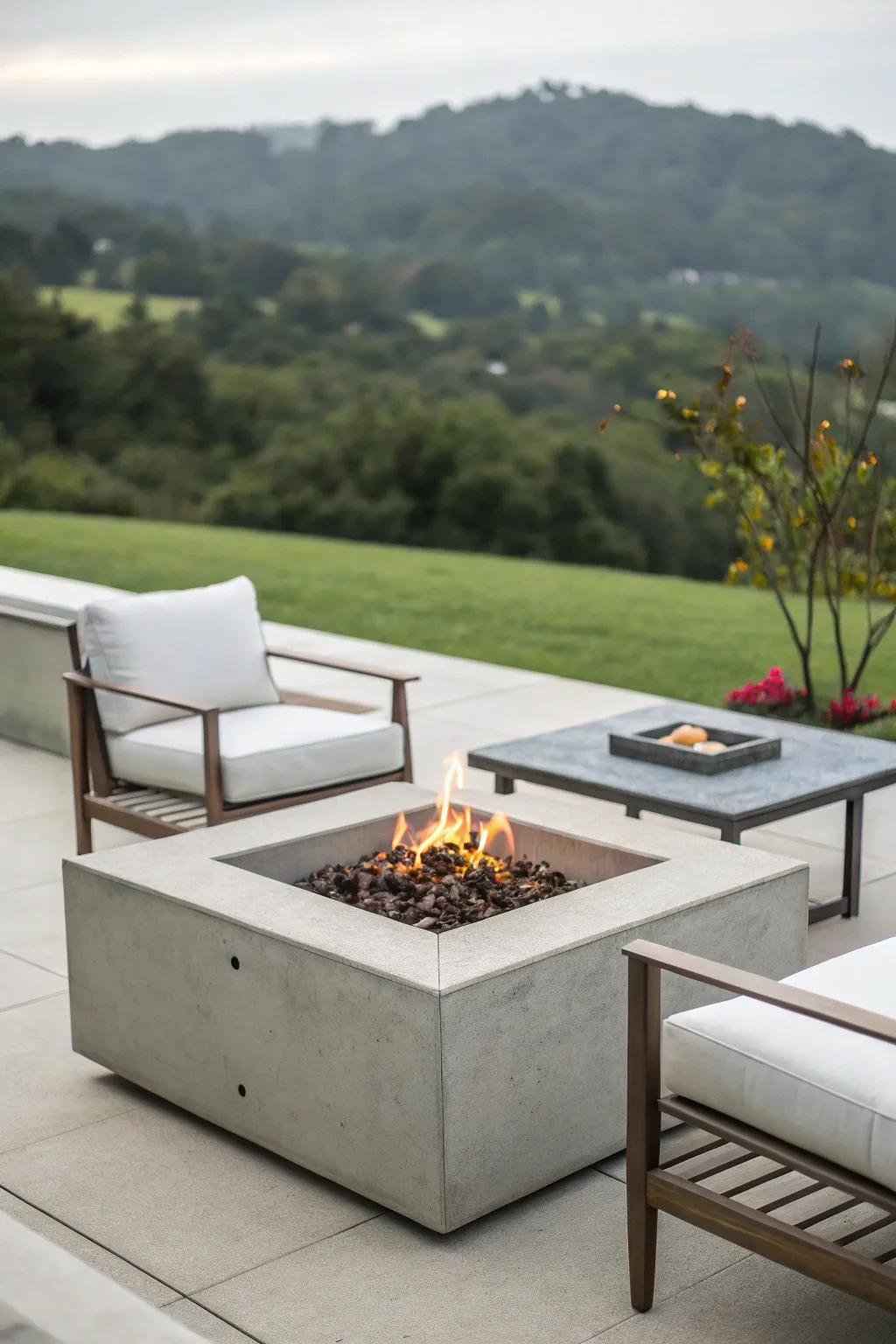 Sleek concrete fire pit that complements modern outdoor settings.