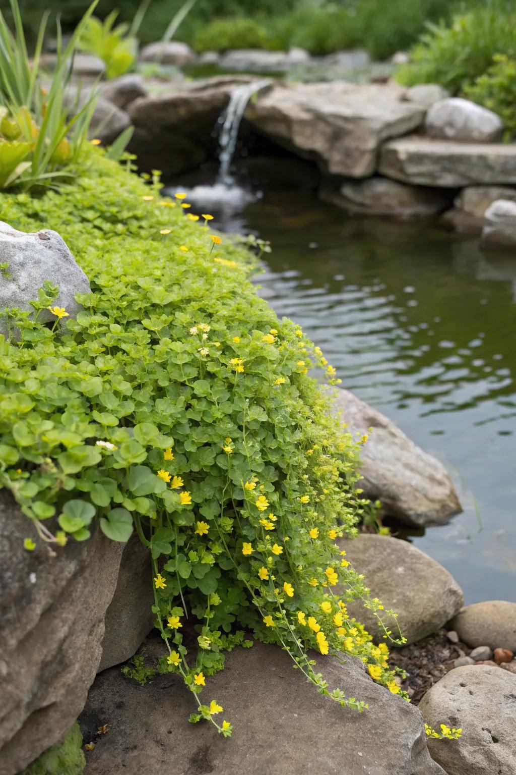 Verdant Cascade provides a vibrant border, enhancing the pond's aesthetic.