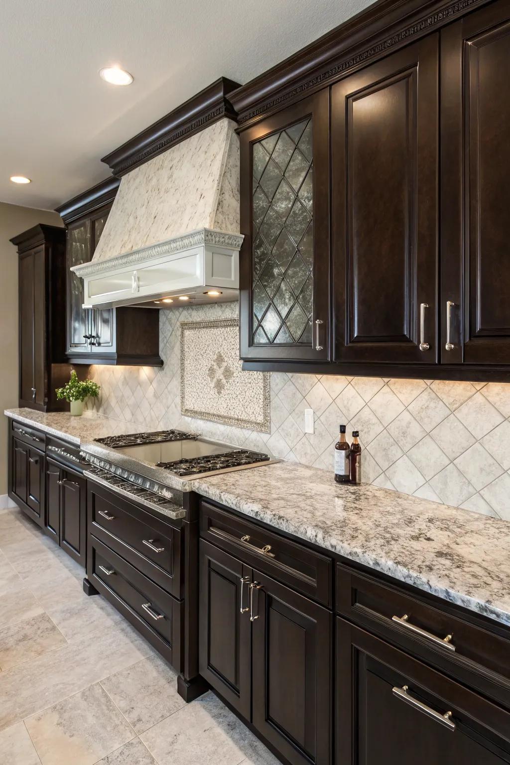 Dramatic contrast with Bianco Antico granite and dark cabinets.