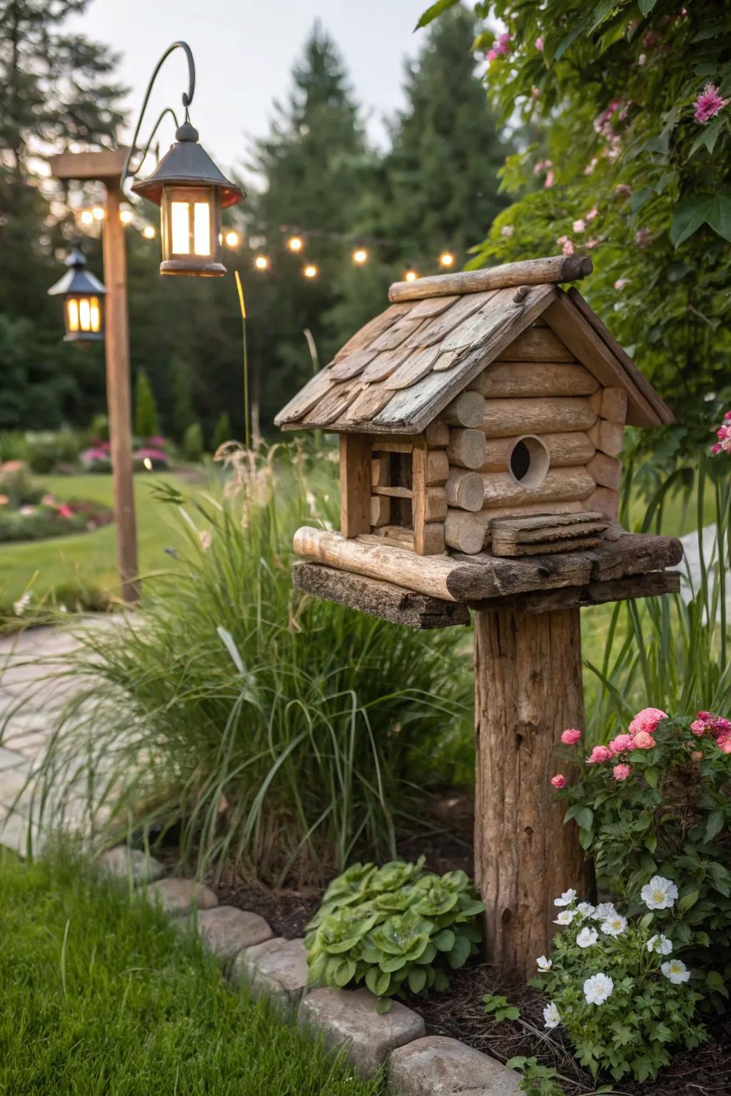 A log cabin-style feeder that brings a touch of wilderness to the garden.
