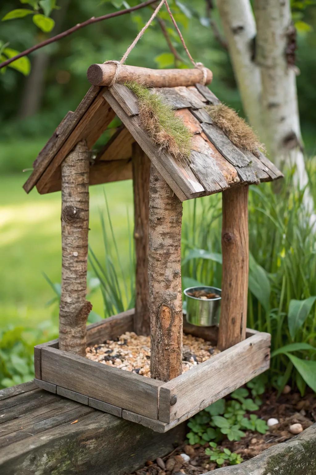 Embrace nature with this charming rustic wood bird feeder, blending seamlessly into your garden oasis.