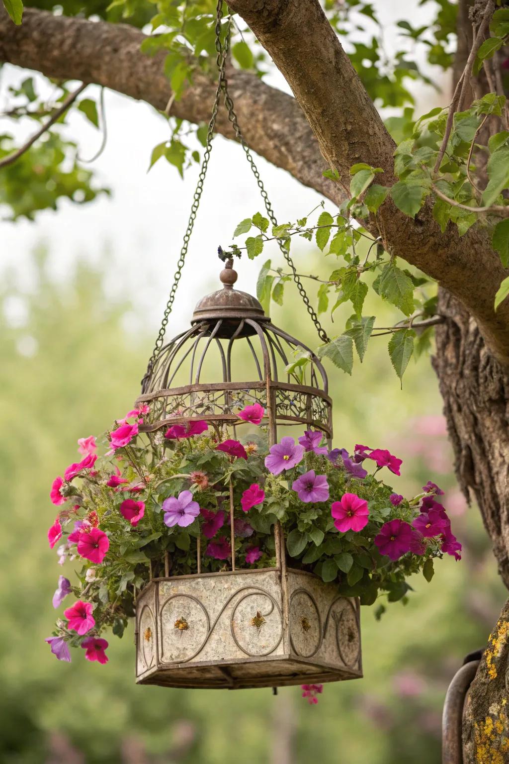 A hanging birdcage planter with cascading blooms adds a touch of whimsy to any garden.