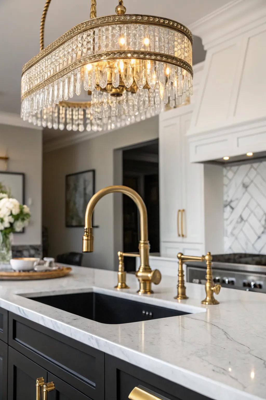 Gold fixtures add a touch of glamour to this sophisticated kitchen.