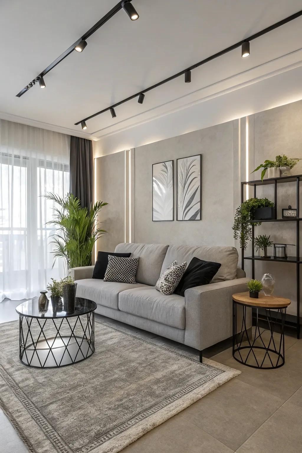 Sleek gray sofa with black accents for a modern touch.