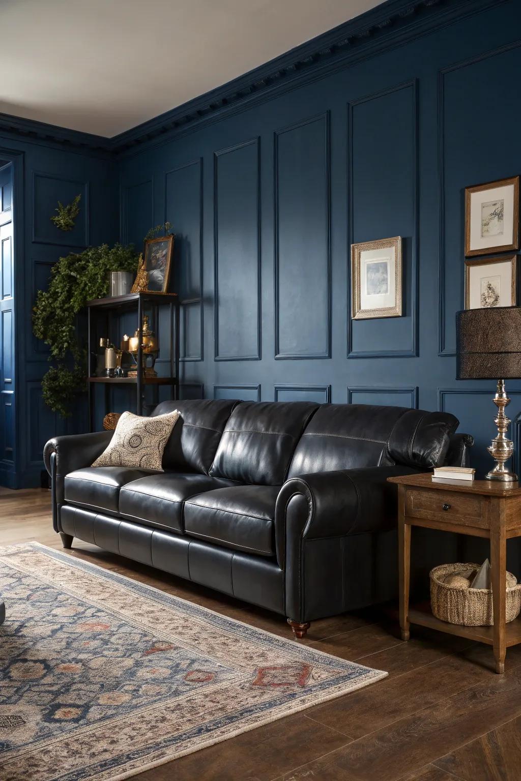 An ebony hide sofa provides a striking contrast against dark cyan walls.