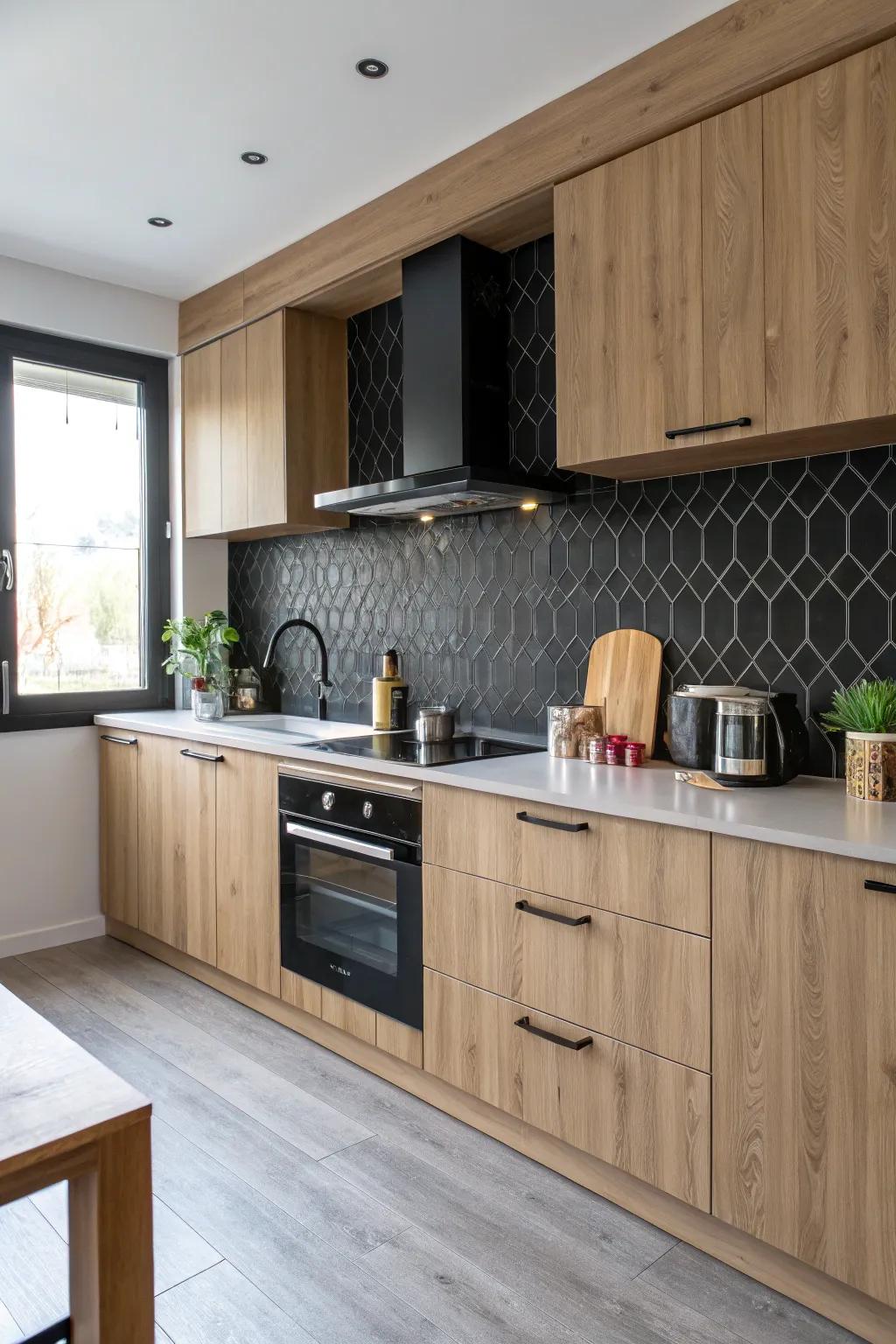 The luxurious effect of textured black tiles adding depth to this kitchen design.