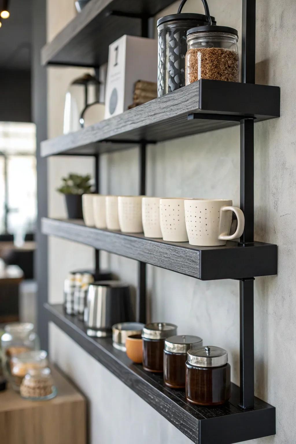 Minimalist onyx weightless shelves showcasing coffee necessities