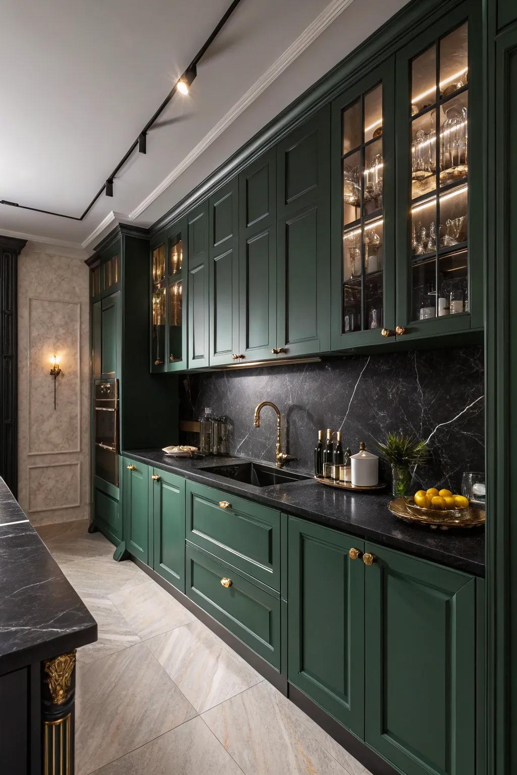 Dark emerald cupboards with ebony countertops for a striking assertion.