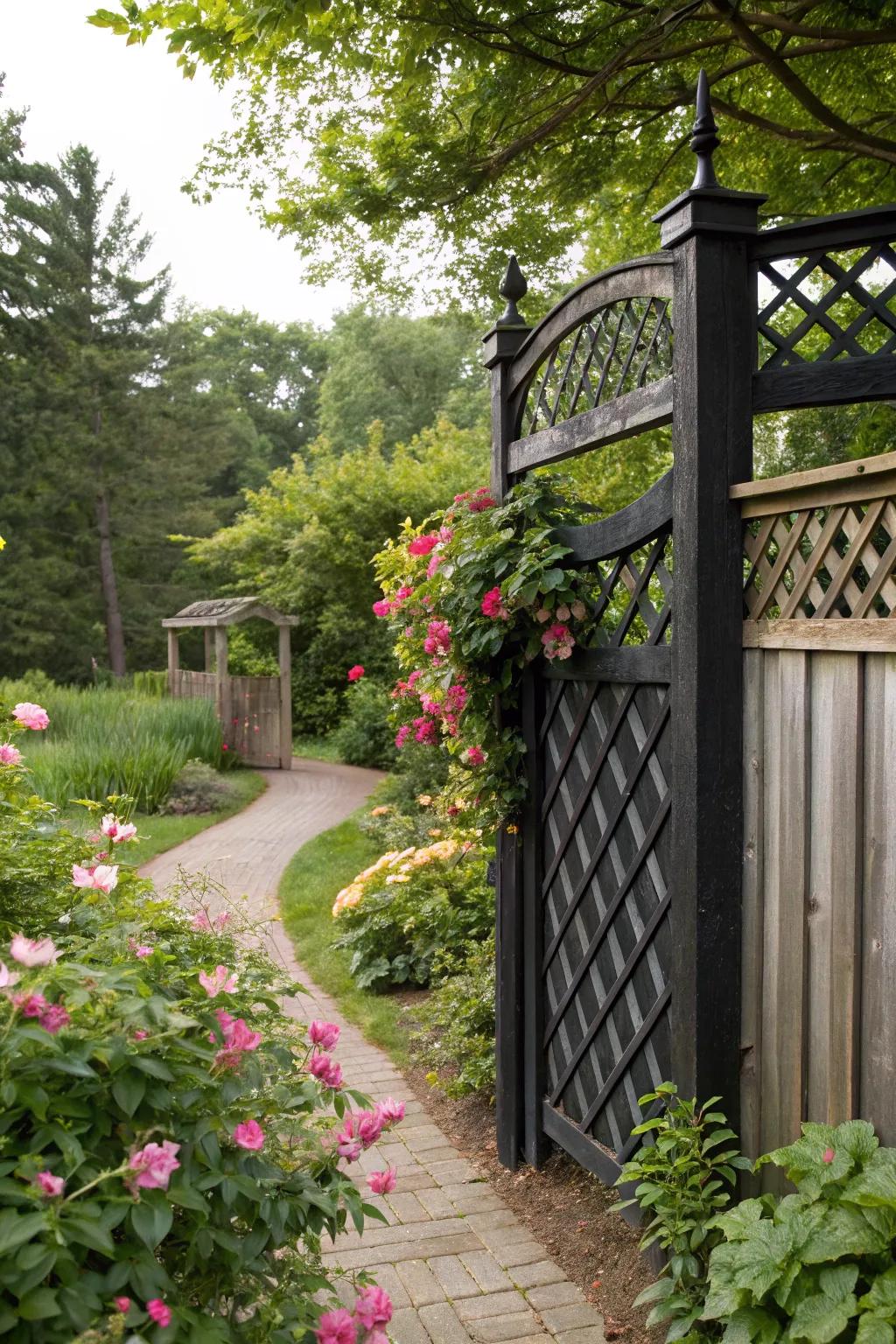 A black decorative top fence beautifully matched with climbing vines.