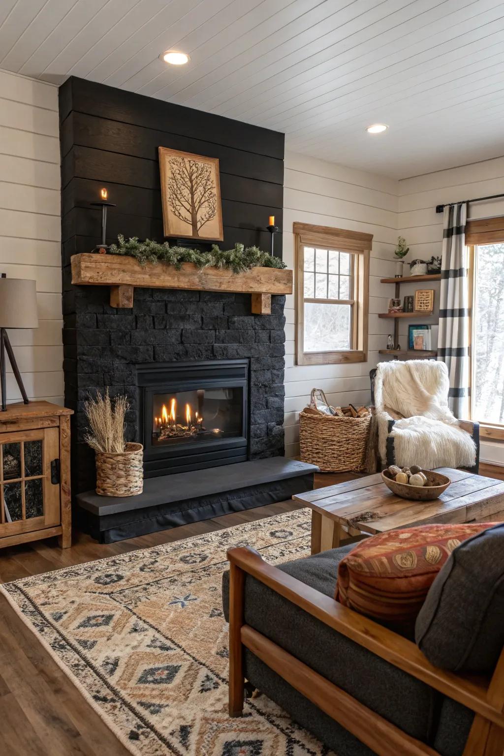 Combine rustic charm with modern sensibility using a black shiplap fireplace.