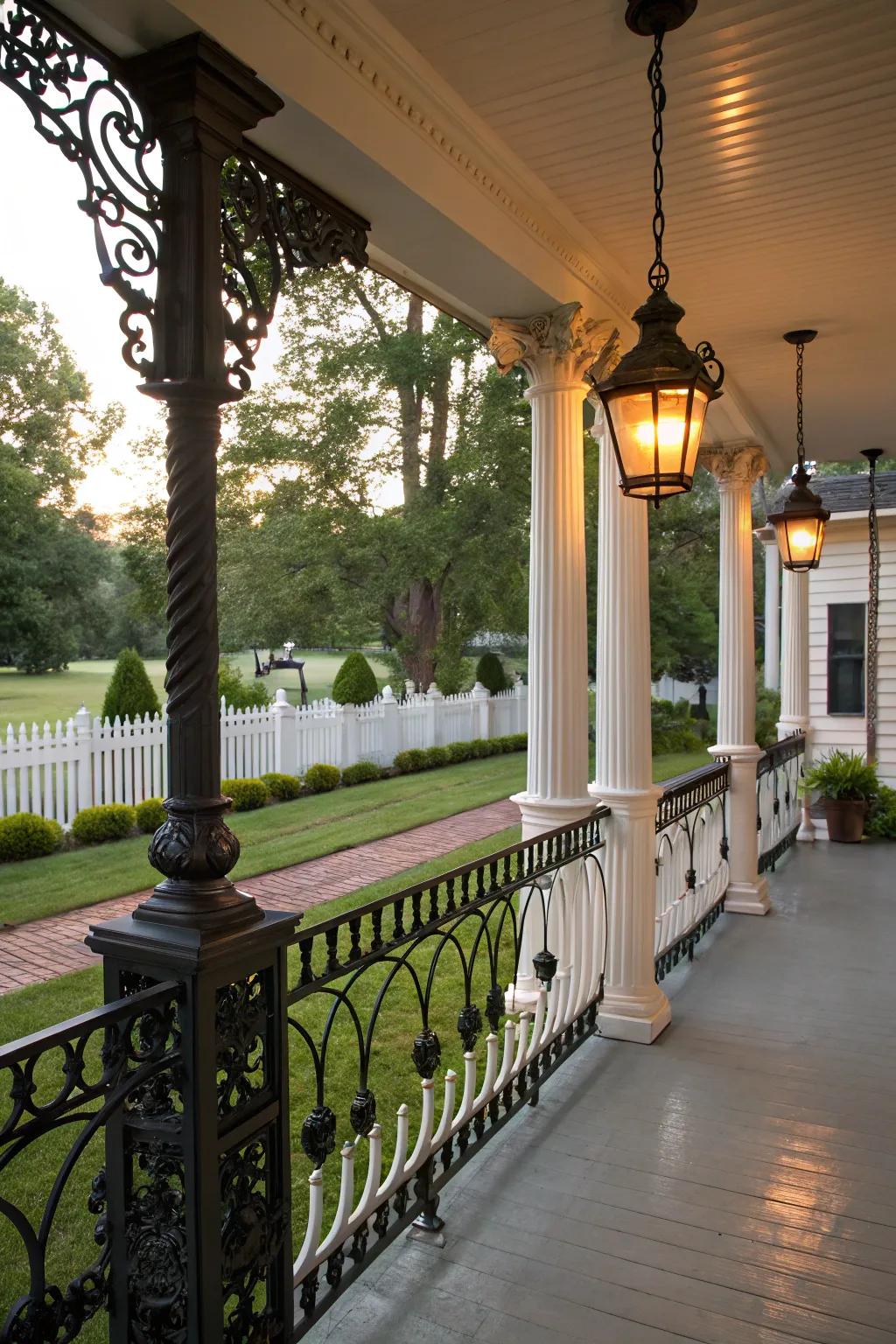 Ornate black railings evoke an aura of timeless refinement on traditional porches.