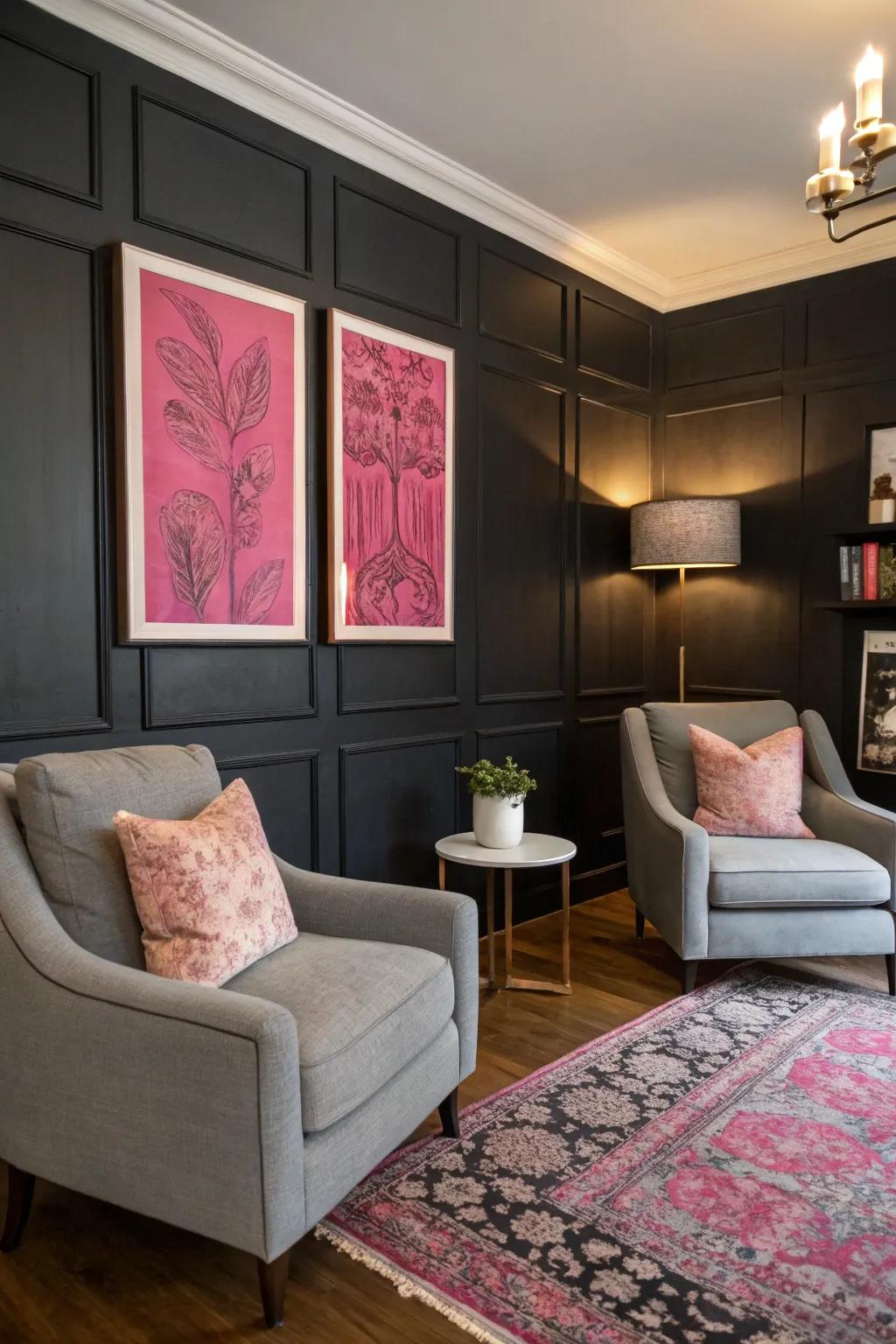 An ebony focus wall enhanced with rose artwork delivers drama and flair.