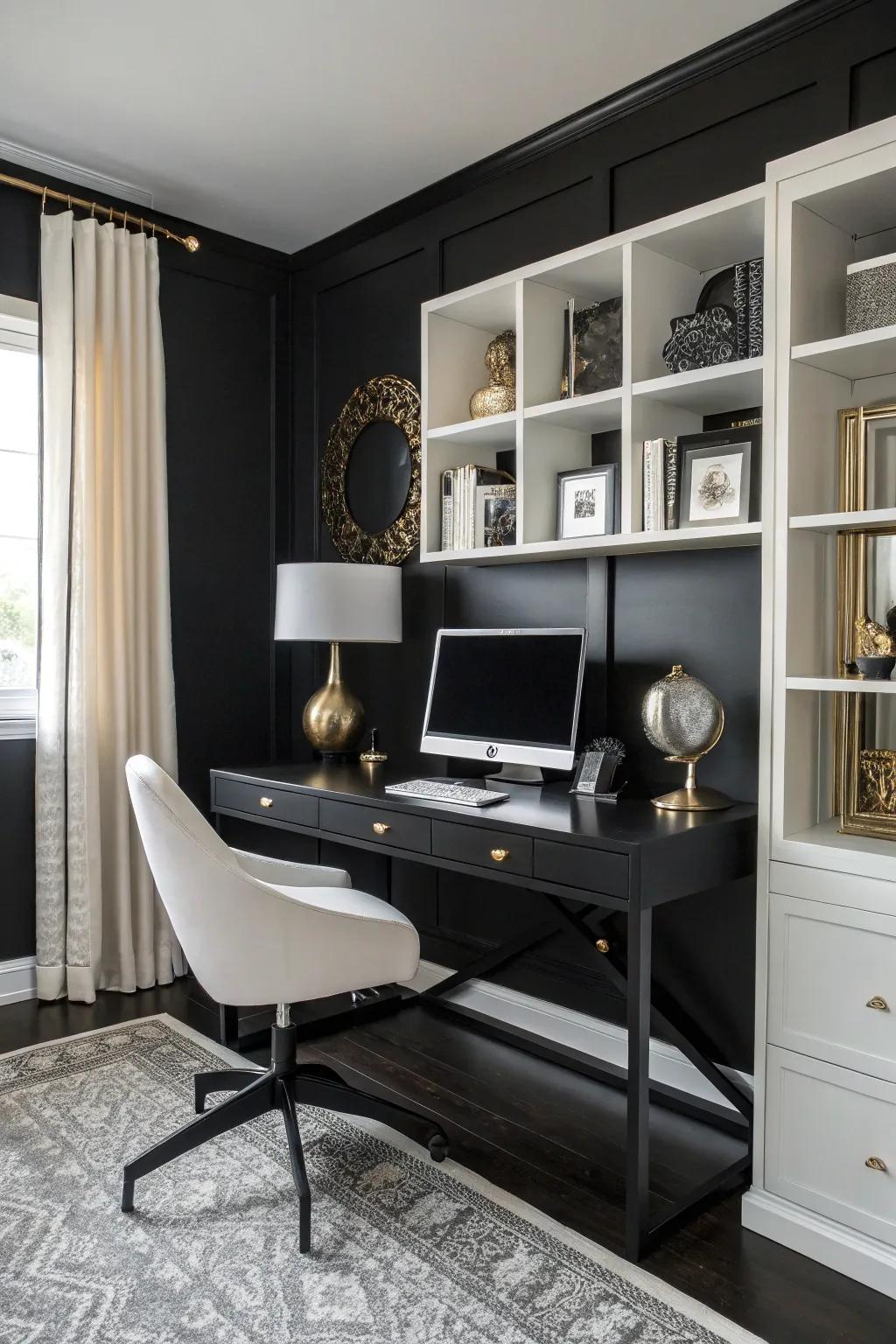 A black office space enhanced by contrasting metallic and white elements.