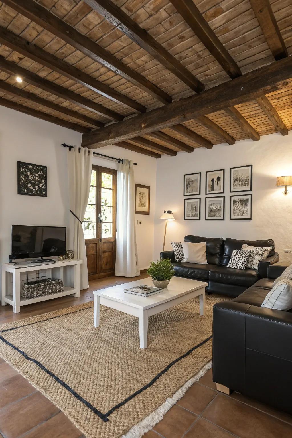 Natural elements infuse warmth into the monochromatic palette.