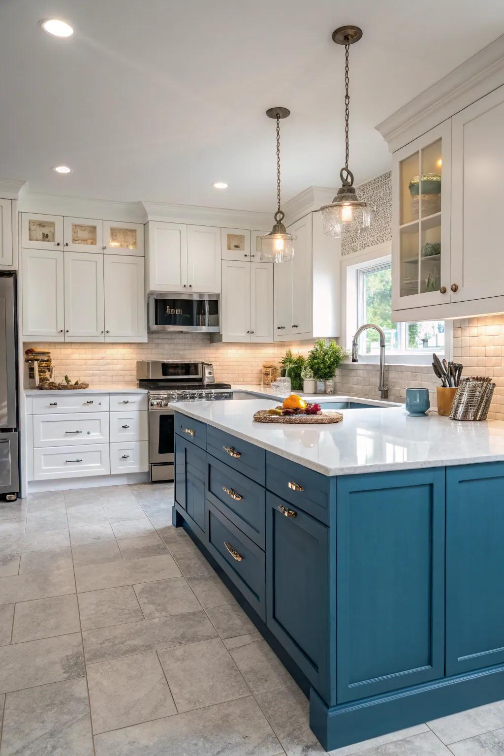 A revitalizing kitchen with dual-tone blue and bright white cabinetry.
