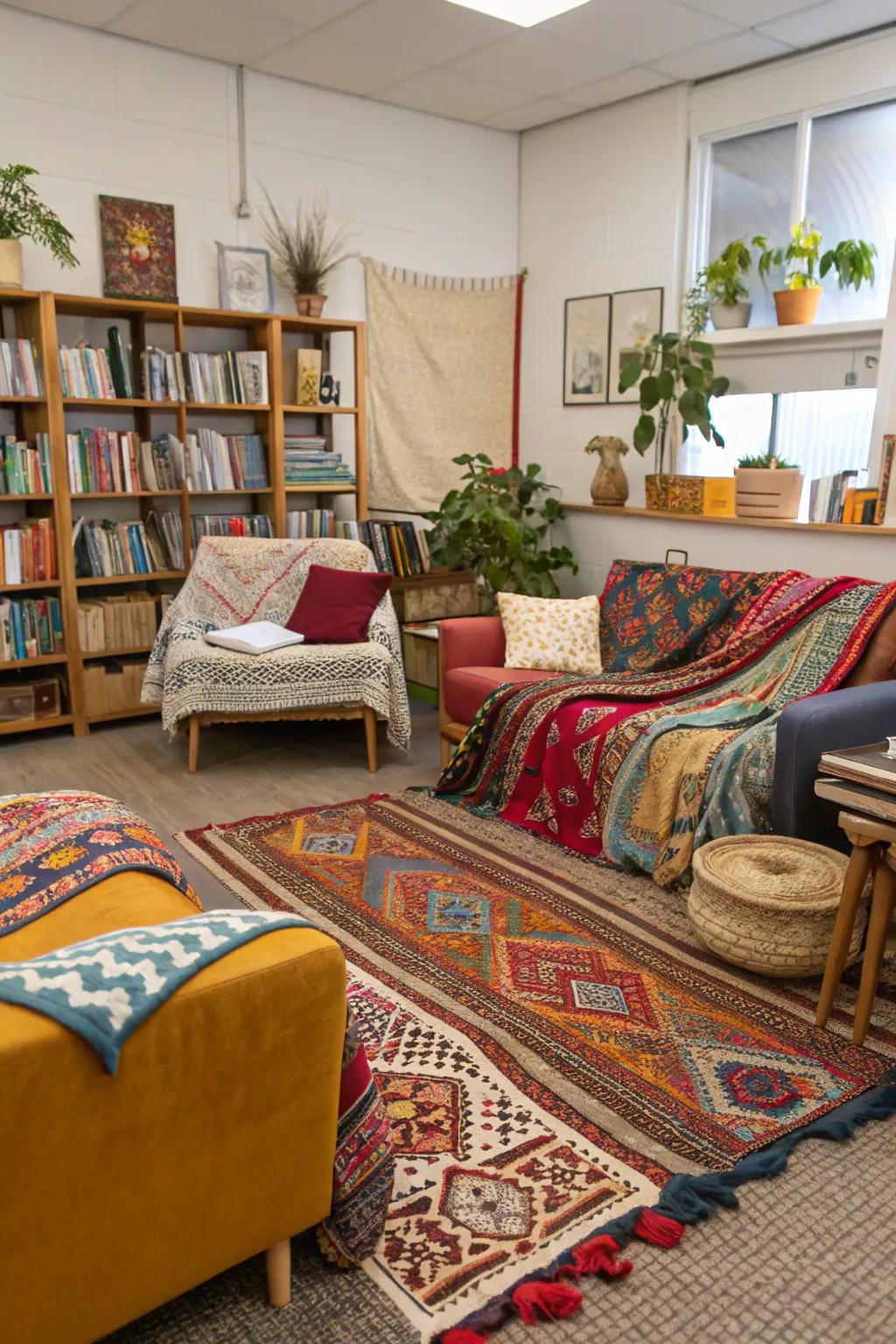 A workspace featuring layered fabrics and lively designs for a cozy feel.