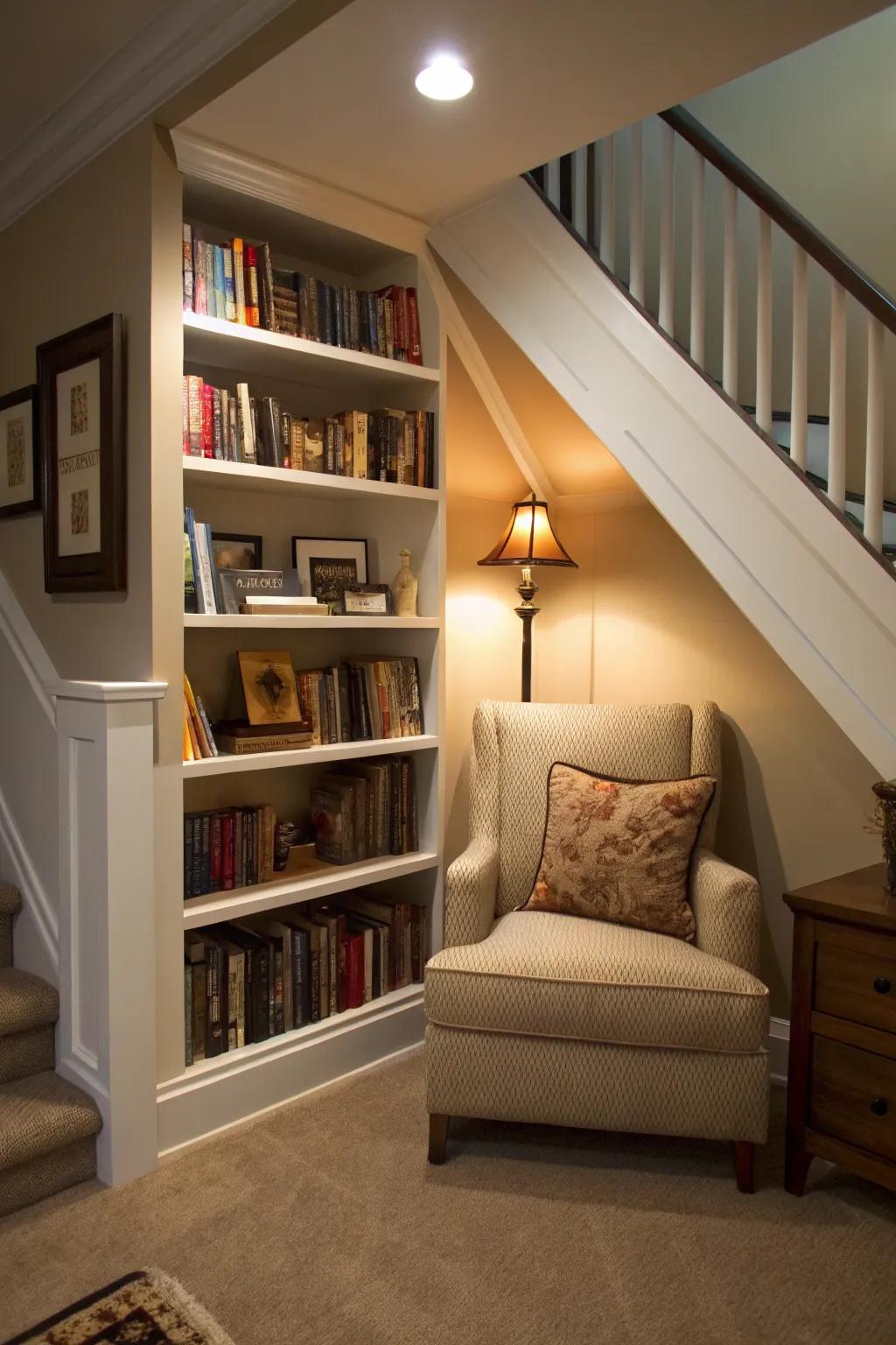 A concealed book nook nestled under the staircase, ideal for serene reading encounters.