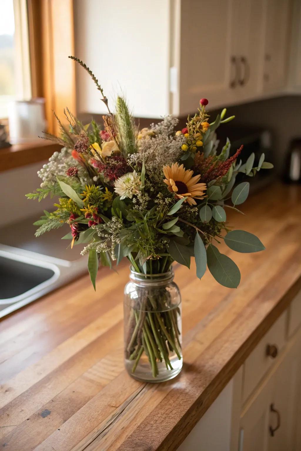 Rustic wildflower bouquet with natural charm.