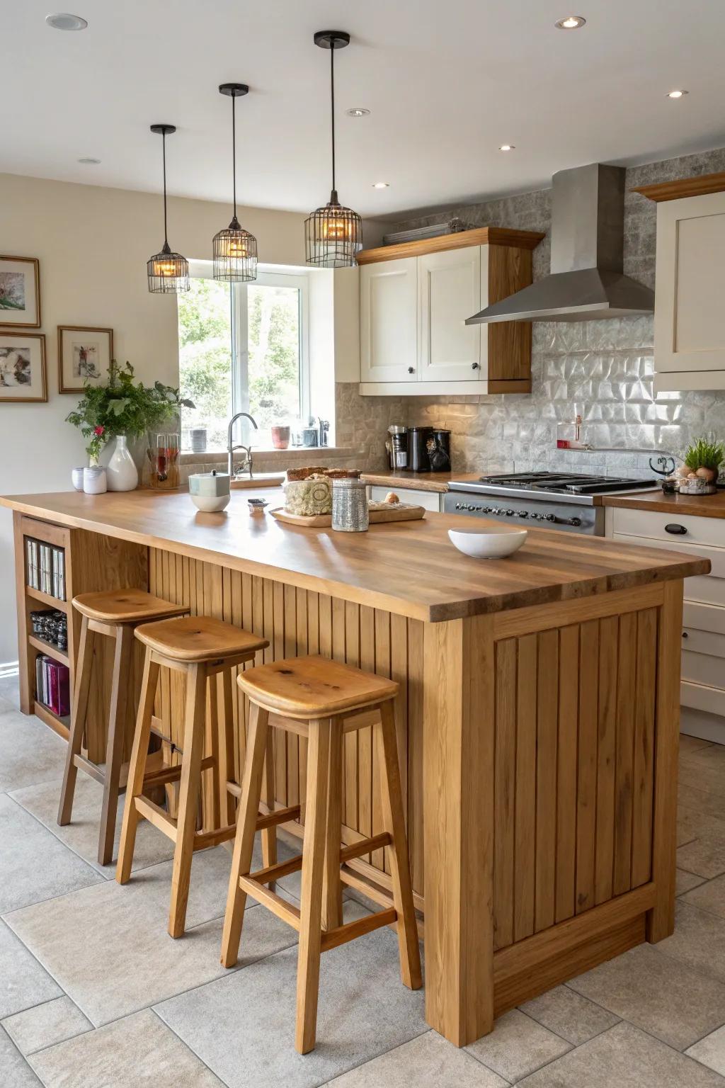 A warm and classy atmosphere with a wooden breakfast bar in a comfortable kitchen.