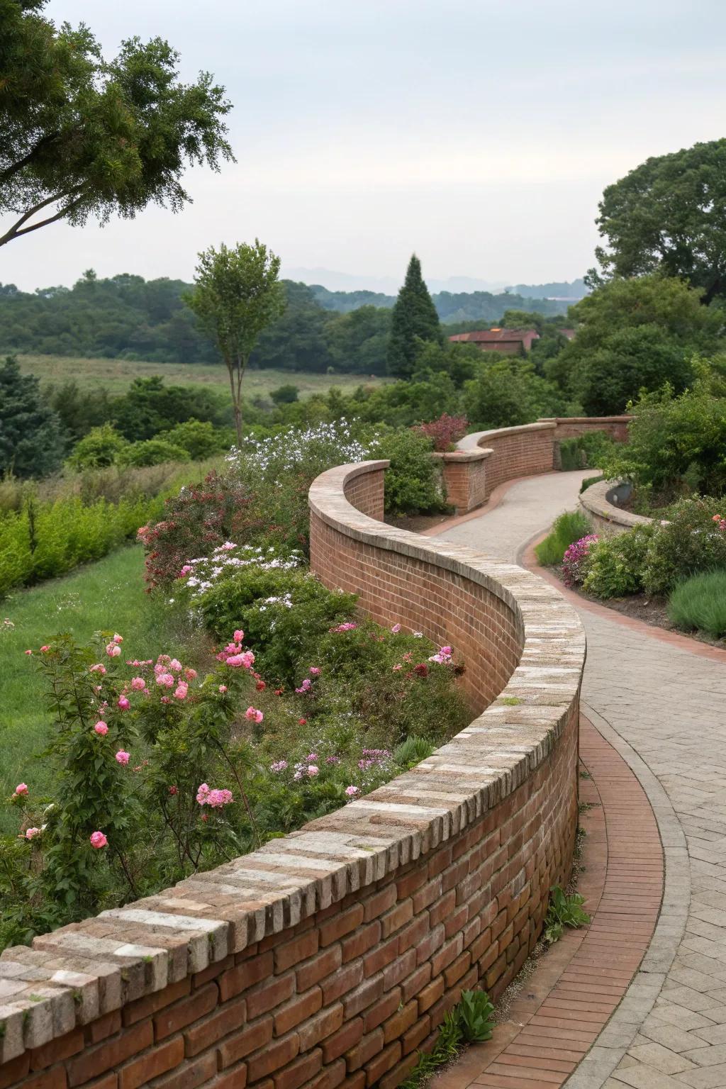 An elegant arched brick wall that enlivens the garden setting.