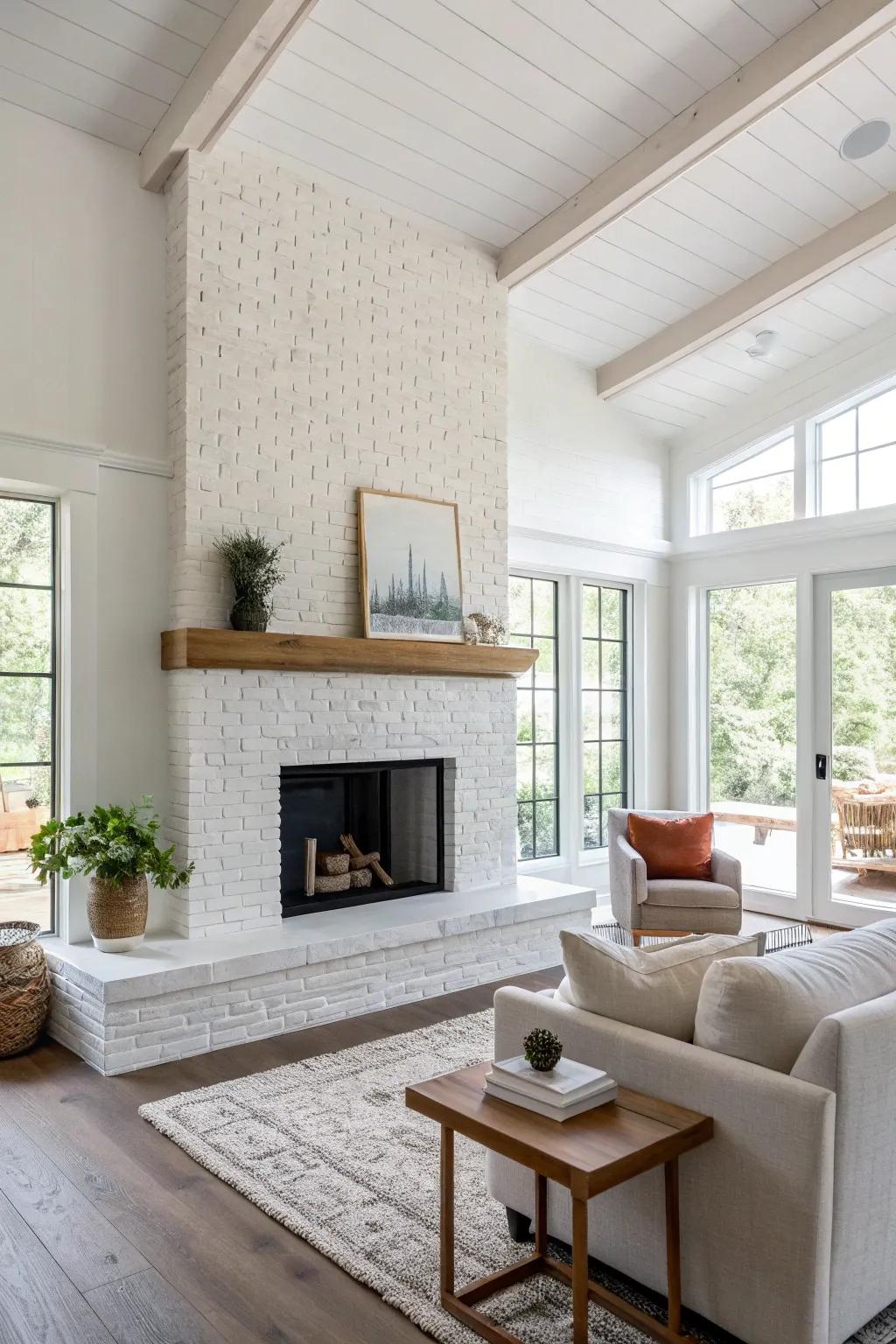 A modern whitewashed brick hearth that gives the room a fresh, breezy feel.