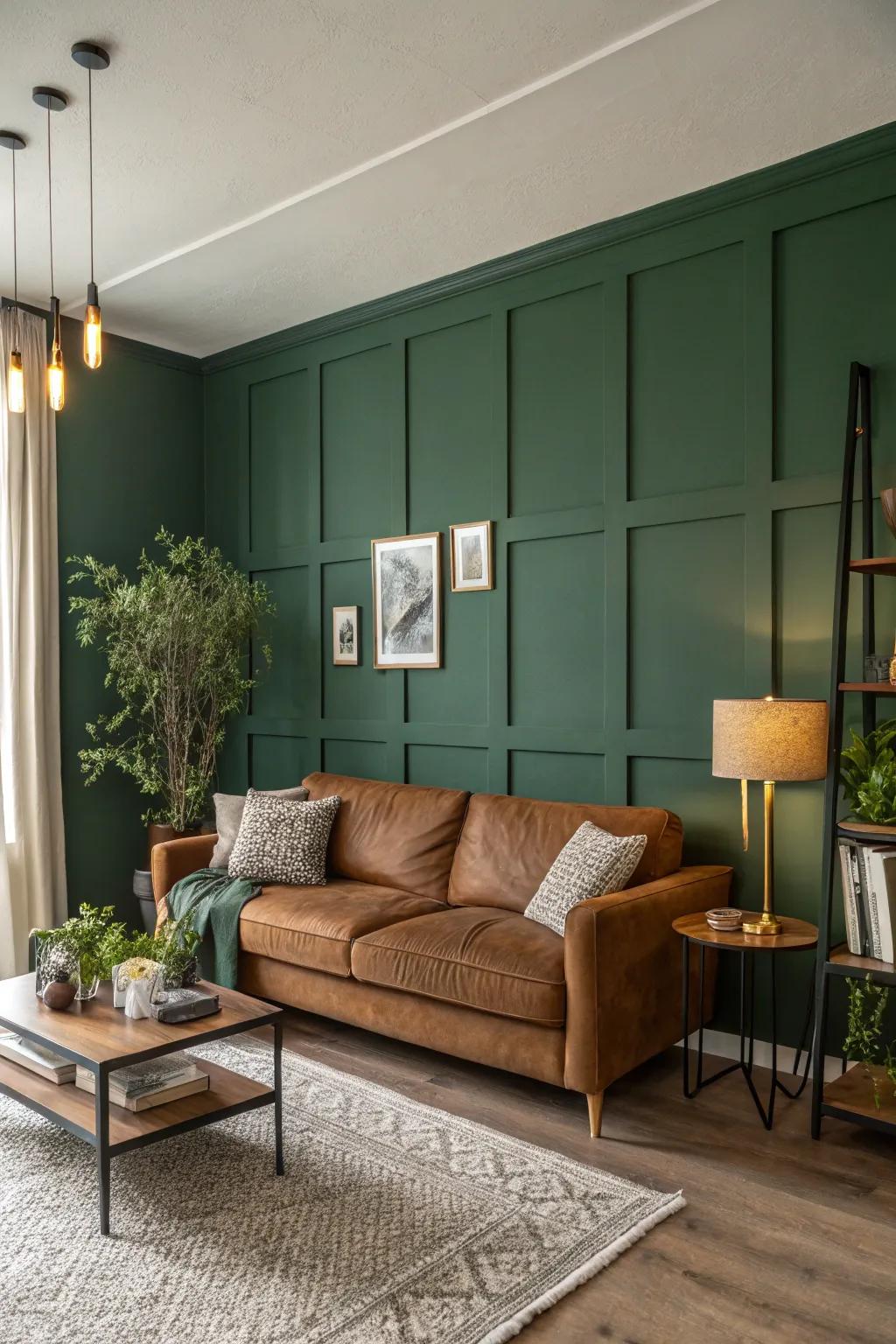 Forest green walls provide an earthy and calming atmosphere.