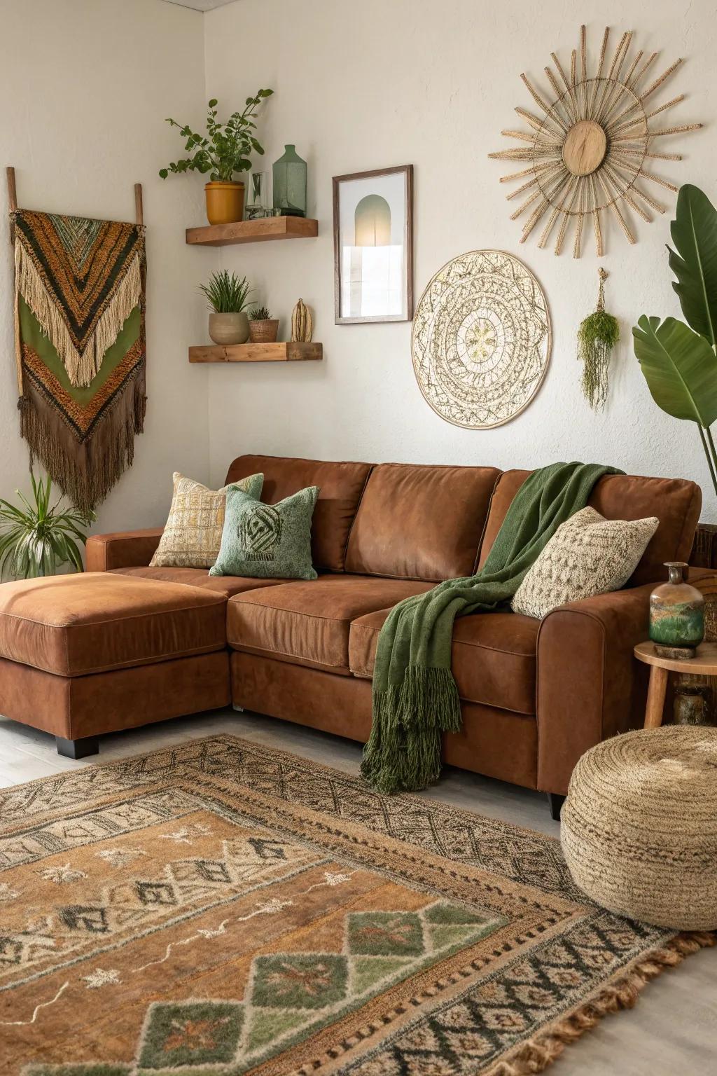 Earth tones beautifully complement a brown sectional sofa.