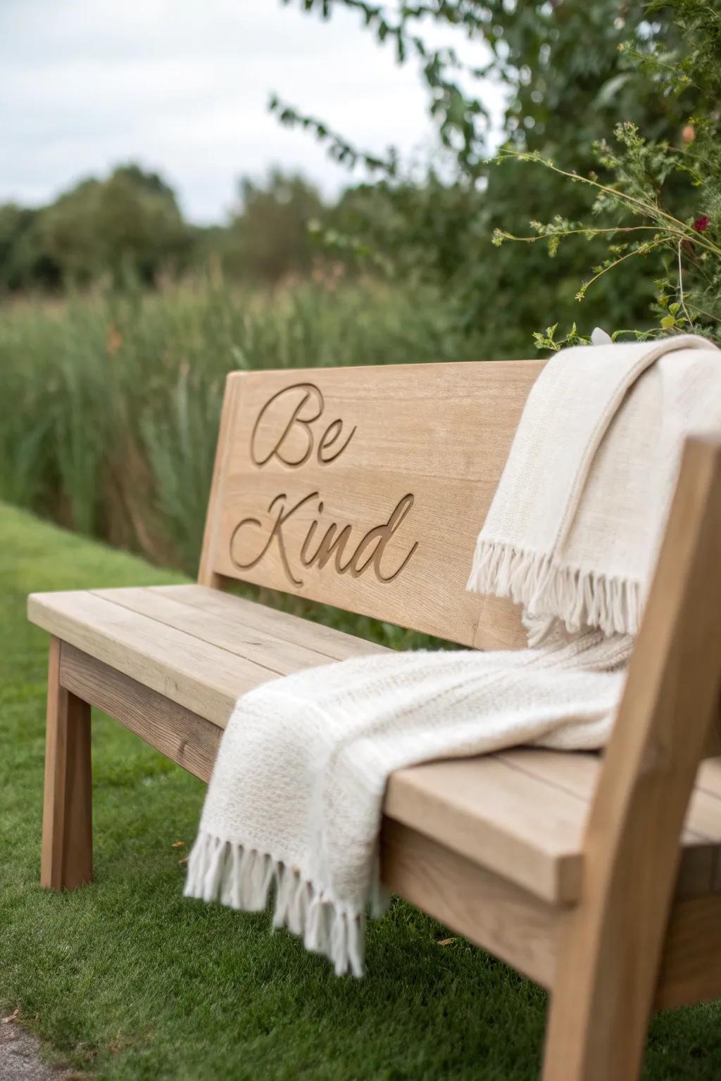 Find peace and connection on a 'Be Kind' buddy bench, where simplicity meets heartfelt messages.