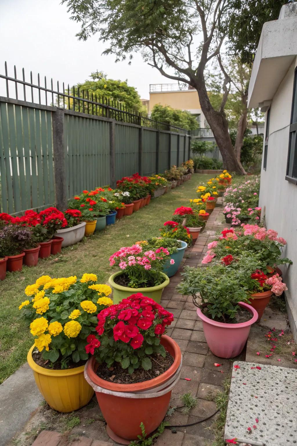 Colorful botanical vessels bring vibrancy and energy to a small garden space.
